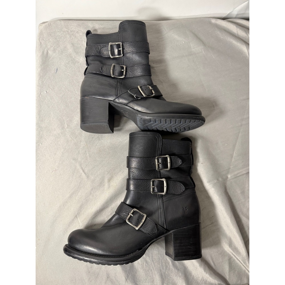 Frye Black Leather Triple Buckle Moto Boots Block Heel Womens 10B